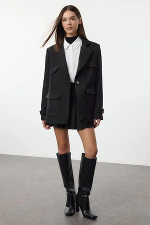 Trendyol Black Pocket Detailed Wool Look Oversize Woven Blazer Jacket