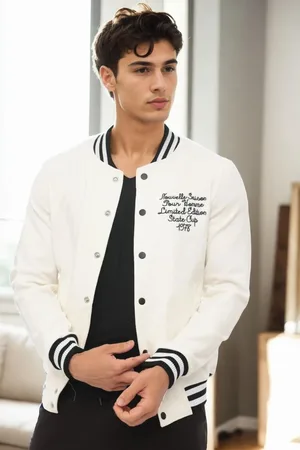 Dewberry 36934 Mens College Jacket with Embroidery Detail-WHITE