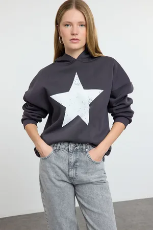Trendyol Anthracite Thick Polar Fleece Star Printed Hooded Knitted Sweatshirt