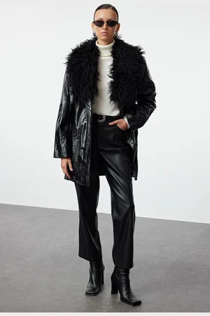 Trendyol Black Oversize Molded Collar Faux Leather Jacket Coat with Fur Detail