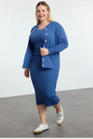 Trendyol Curve Indigo Ribbed Midi Length 2-Piece Cardigan & Dress Knitwear Set
