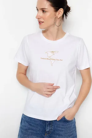Trendyol Ecru 100% Cotton Embroidered Basic Crew Neck Knitted T-Shirt
