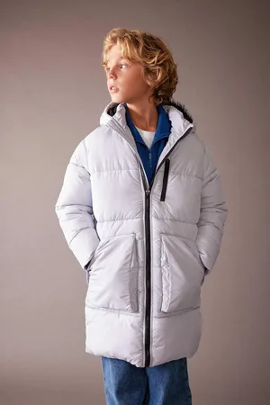 DeFacto Boy Water Repellent Reflective Printed Hooded Fleece Lined Long Coat