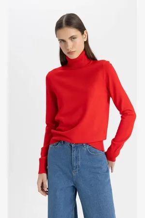 DeFacto Soft Textured Turtleneck Basic Plain Red Knitwear Sweater