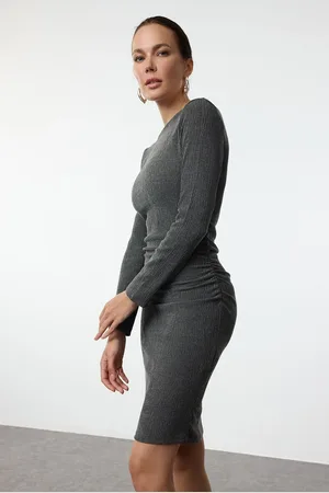 Trendyol Anthracite Straight Ruffle/Drape Detailed Boat Neck Bodycone/Fitting Mini Knitted Dress
