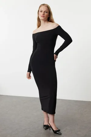 Trendyol Black Straight Carmen Neck Bodycone/Fitting Flexible Maxi Knitted Dress