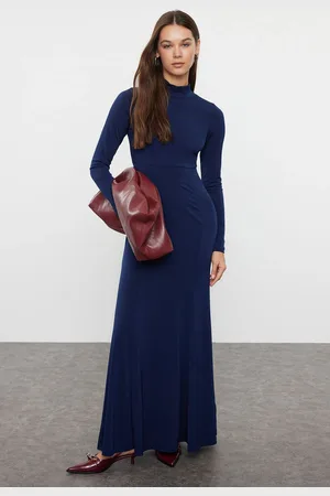 Trendyol Navy Blue Straight Fitted Maxi High Collar Stretchy Knitted Dress