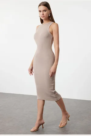 Trendyol Mink Halter Neck Fitted Ribbed Flexible Midi Knitted Dress