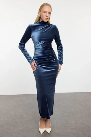Trendyol Indigo Straight Ruffle/Drape Detailed High Collar Midi Bodycone/Fitting Knitted Dress