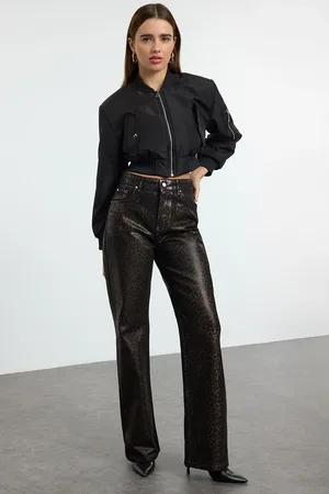 Trendyol Limited Edition Brown Leopard Foil Printed High Waist Wide Leg Jeans