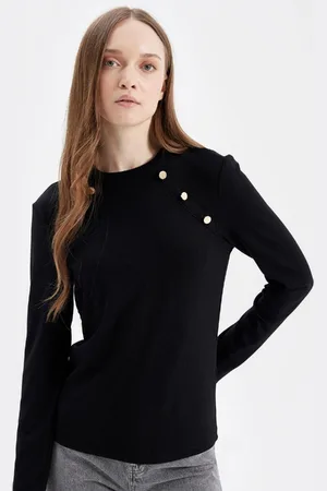DeFacto Black Ribbed Camisole Buttoned Long Sleeve Basic Plain T-Shirt Tunic