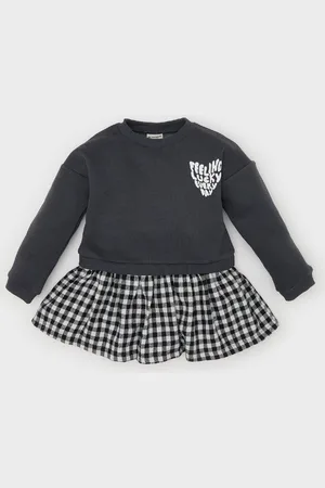 DeFacto Baby Girl Crew Neck Printed Long Sleeve Plaid Skirt Sweat Dress