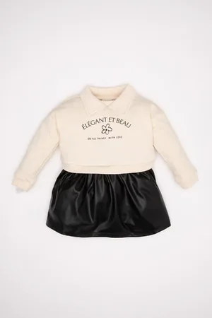 DeFacto Baby Girl Crew Neck Floral Printed Faux Leather Skirted Long Sleeve Sweatshirt Dress