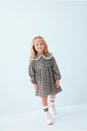 DeFacto Baby Girl Large Collar Plaid Patterned Long Sleeve Buttoned Flannel Dress
