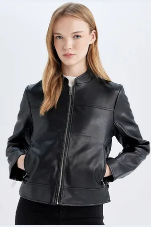 DeFacto Regular Fit Zippered Pocket Black Faux Leather Jacket
