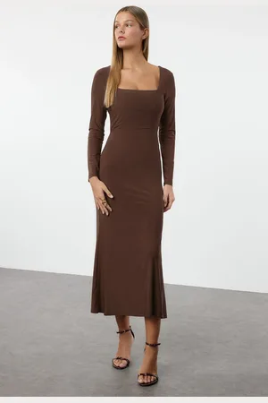 Trendyol Brown Maxi Flounce Square Neck Body-Smoothing Flexible Knit Dress