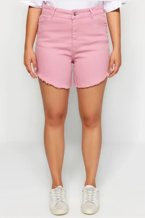 Trendyol Curve Pink Flexible Skinny Denim Shorts & Bermuda With Tassels on the Legs