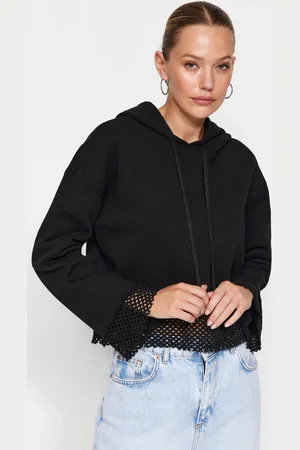 Trendyol Black Thick Inner Fleece Mesh Detailed Hooded Comfort Fit Crop Knitted Sweatshirt