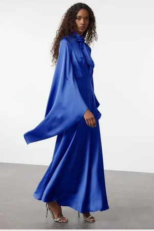 Trendyol Blue Rose Accessory Satin Woven Evening Dress