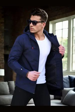 Dewberry 86622 Hooded Mens Seasonal Jacket-NAVY BLUE
