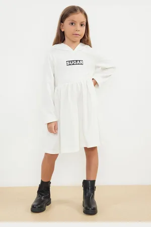 Trendyol Ecru Girl Seasonal-Thin Slogan Patterned Hooded Cotton Knitted Dress