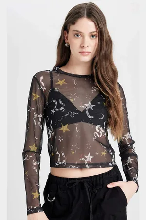 DeFacto Cool Fitted Body Patterned Tulle Short Sleeve Black T-Shirt