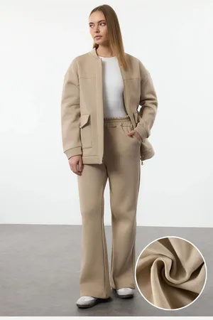 Trendyol Camel Pocket Bomber Jacket Trousers Knitted Bottom-Top Set