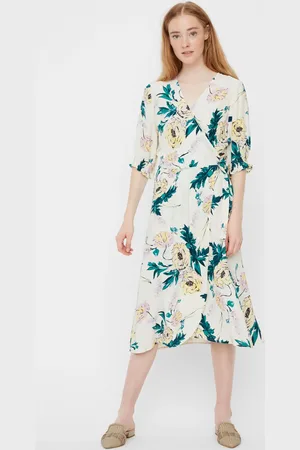 VERO MODA Krémové květované zavinovací midišaty Oline - Dámské