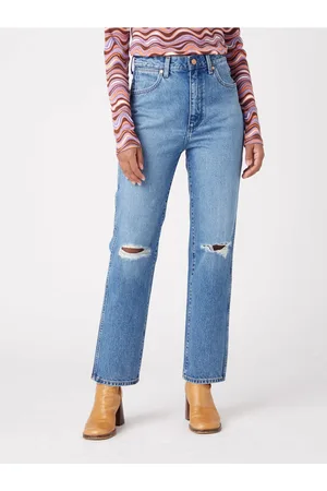 Wrangler Modré dámské straight fit džíny s potrhaným efektem - Dámské