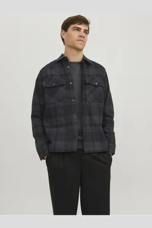 JACK & JONES Tmavě šedá pánská kostkovaná svrchní košile Roy - Pánské
