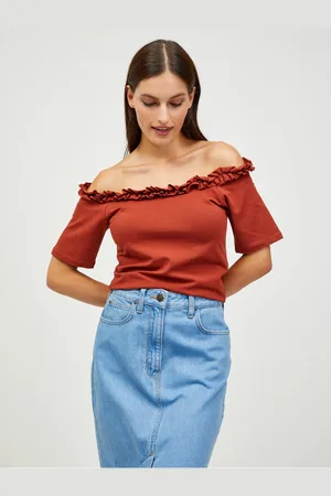 Pieces® Hnědý crop top s odhalenými rameny Leah - Dámské
