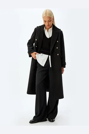 Koton Extra Long Cashmere Coat with Epaulette Detail and Buttoned Pockets