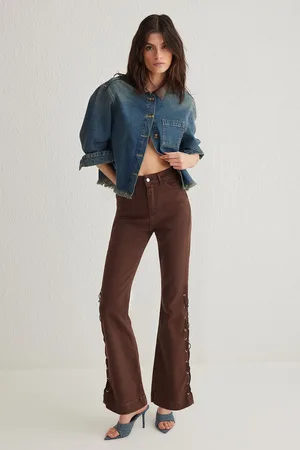 Trendyol Brown Eyelet Side Lace High Waist Flare Jeans