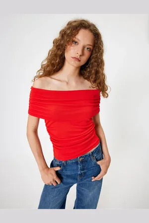 Koton Madonna Collar Off-The-Shoulder Draped Short Sleeve Slim Fit T-Shirt