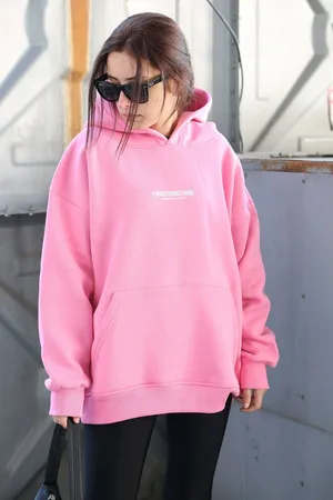 MADMEXT Mad Girls Pink Printed Oversized Sweatshirt
