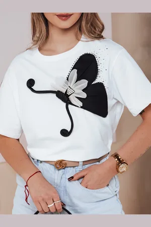 D-Street T-shirt damski ze zdobieniem PEARLTHY biała