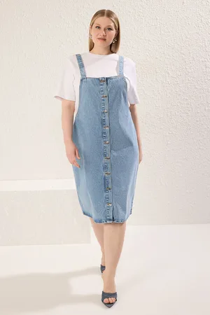 Trendyol Curve Blue Button Front Suspender Rigid Denim Plus Size Dress