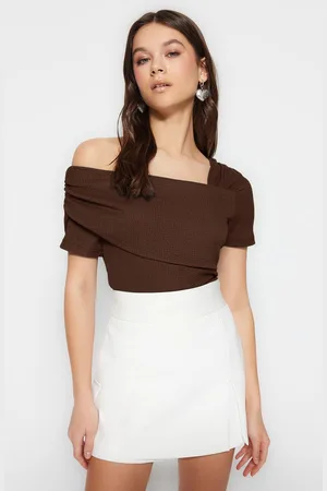 Trendyol Brown Asymmetric Collar Fitted/Snap Knitted Bodysuit