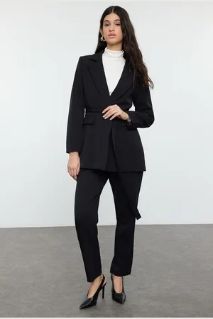 Trendyol Black Tie Detail Lined Crepe Jacket-Pants Woven Bottom-Top Set