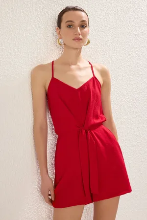 Trendyol Red Tie Detail Mini Woven Overalls with Suspenders