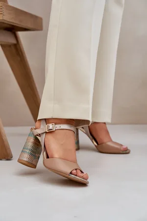 Laura Messi Kožené elegantní sandály na podpatku tmavě béžové 2136