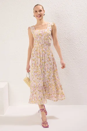 Trendyol Yellow Floral Ruffle Midi Woven Dress