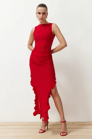 Trendyol Red Bodycone Slit Ruffle Detailed Flexible Thick Sandy Maxi Pencil Dress