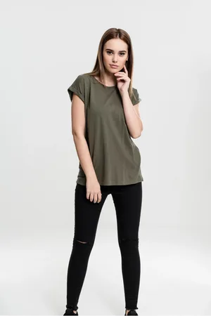 Urban classics Dámské olivové tričko s prodlouženým ramenem