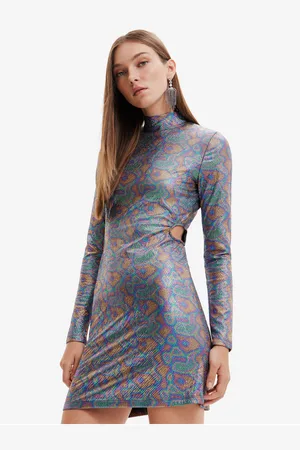 Desigual Růžovo-zelené dámské metalické pouzdrové šaty s průstřihy - Dámské