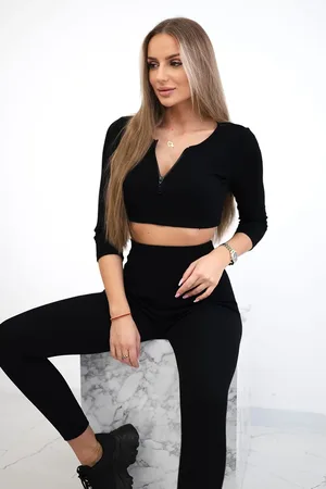 Kesi Žebrovaný crop top set v černé barvě