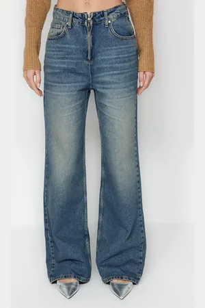 Trendyol Blue More Sustainable Faded Effect Vintage Zipper Detail High Waist Wide Leg Jeans