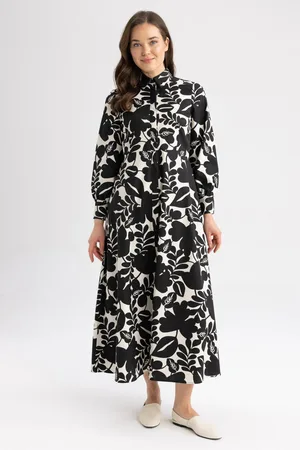 DeFacto Shirt Collar Floral Poplin Long Sleeve Dress