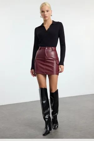 Trendyol Burgundy Faux Leather Cargo Pocket High Waist Fitted Mini Knitted Skirt