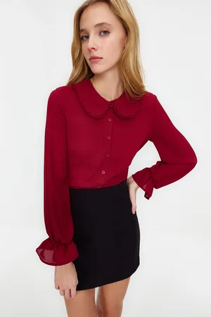 Trendyol Claret Red Baby Collar Pompom Detailed Regular Fit Woven Shirt